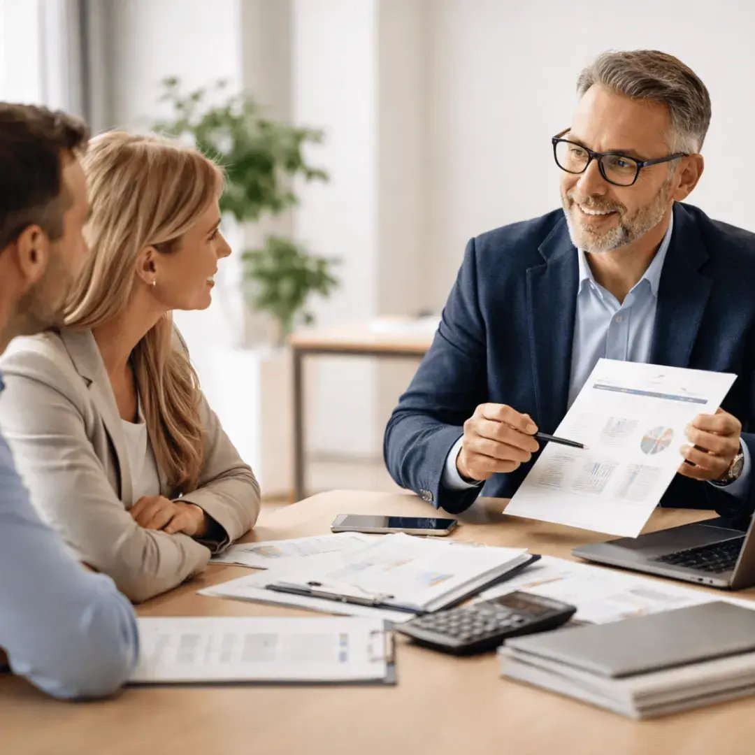 Salon owner and CPA discussing business tax strategy over financial documents.