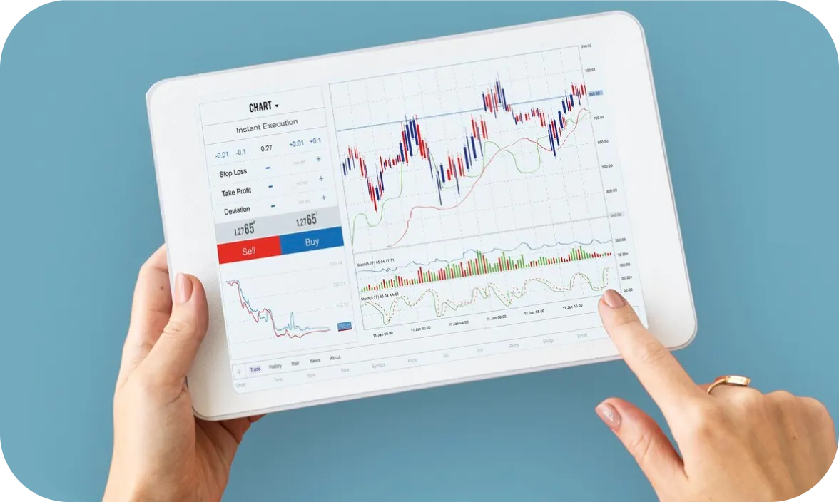 Tablet showing financial charts