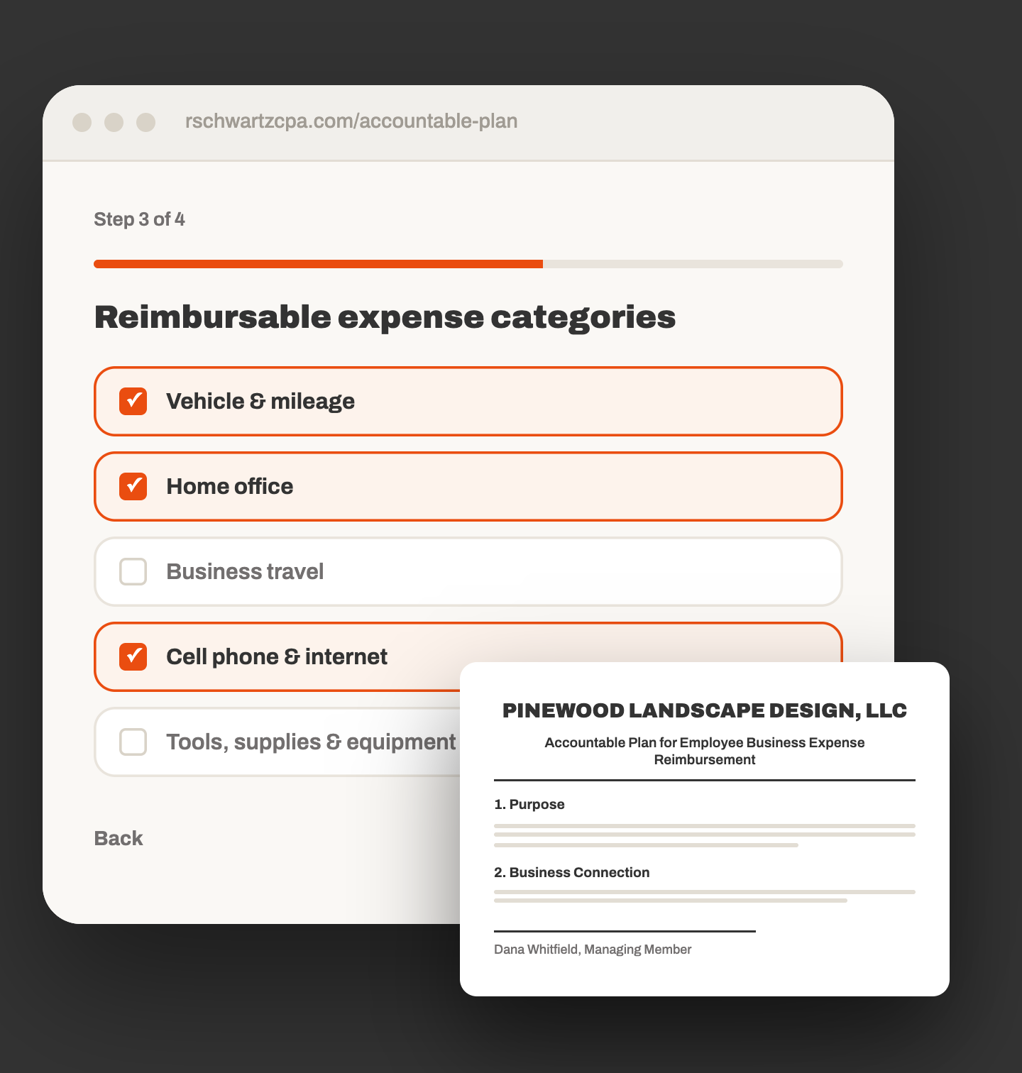 The Accountable Plan builder: tick the expense categories, then print a plan in your business name